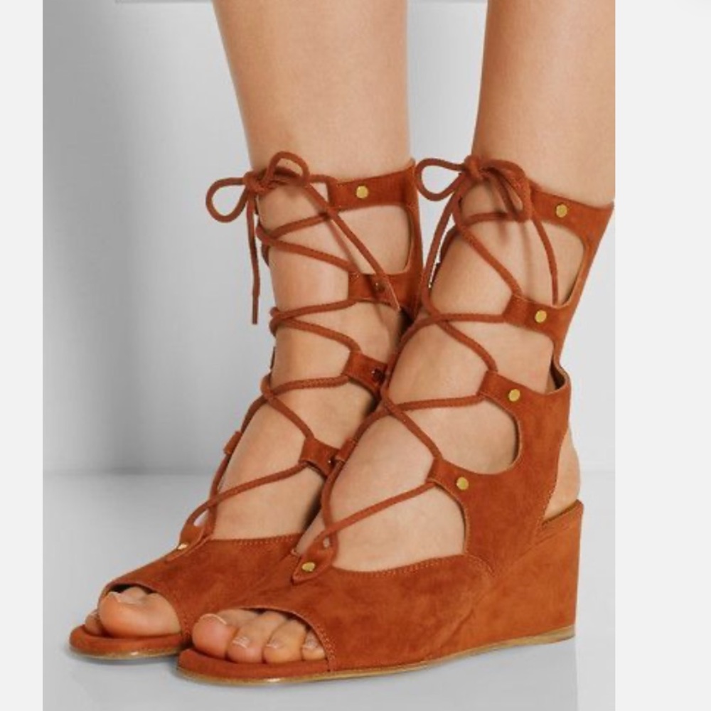 Chloe Tan Suede Wrap-Up Ghillie Wedges